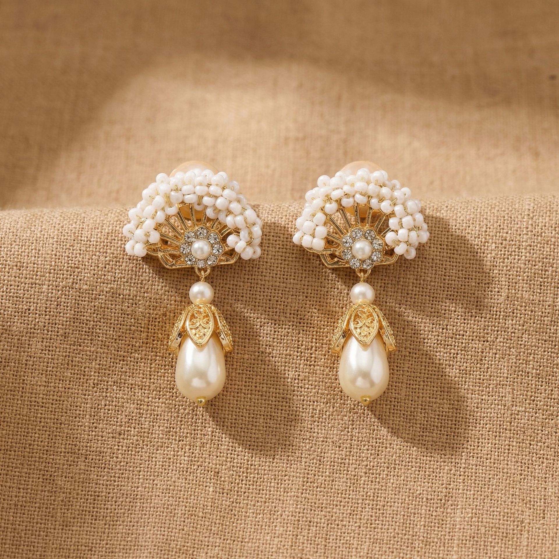 Oriental Fan & Pearl Drop Earrings